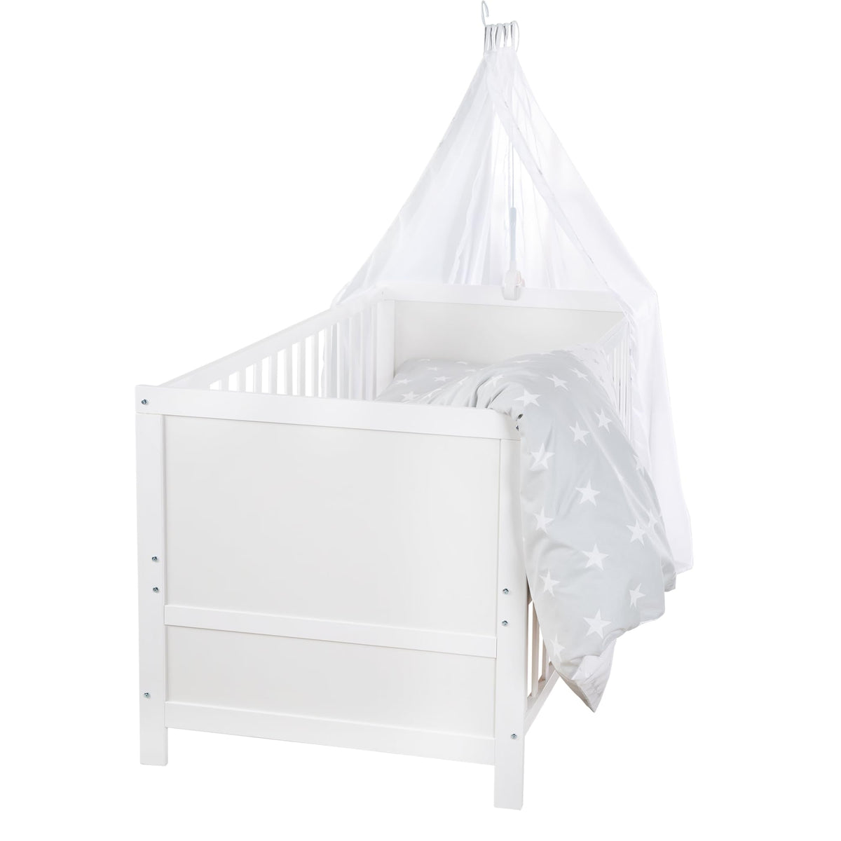 roba Babybett Set Adam & Eule - 70 x 140 cm - Mitwachsendes Kinderbett mit Bettwäsche, Himmel, Matratze - Höhenverstellbar - zu Juniorbett umbaubar - Holz weiß