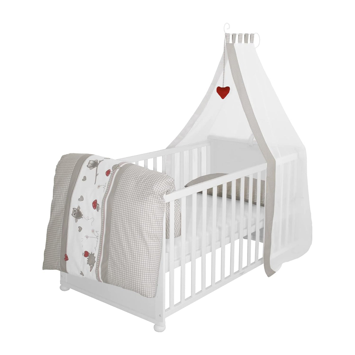roba Babybett Set Adam & Eule - 70 x 140 cm - Mitwachsendes Kinderbett mit Bettwäsche, Himmel, Matratze - Höhenverstellbar - zu Juniorbett umbaubar - Holz weiß