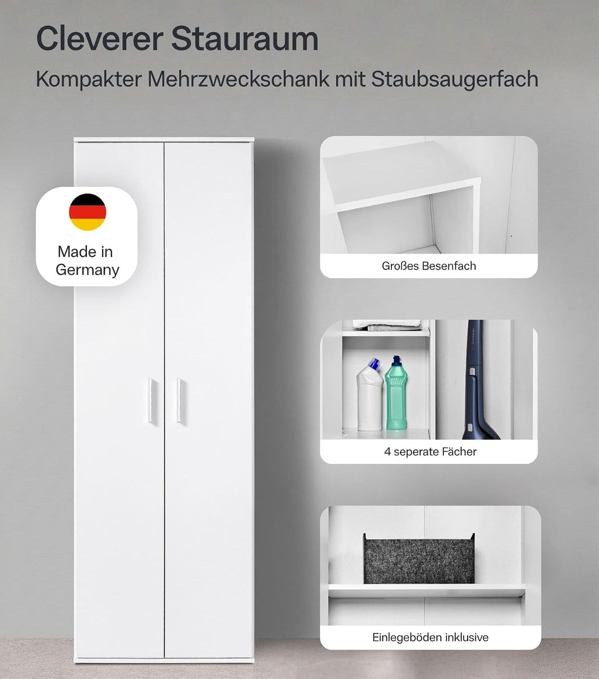 mokebo Mehrzweckschrank Besenschrank (60x180 cm) 'Der Lange' Made in Germany aus Holz auch als Haushaltsschrank Putzschrank Vorratsschrank Flurschrank Weiß