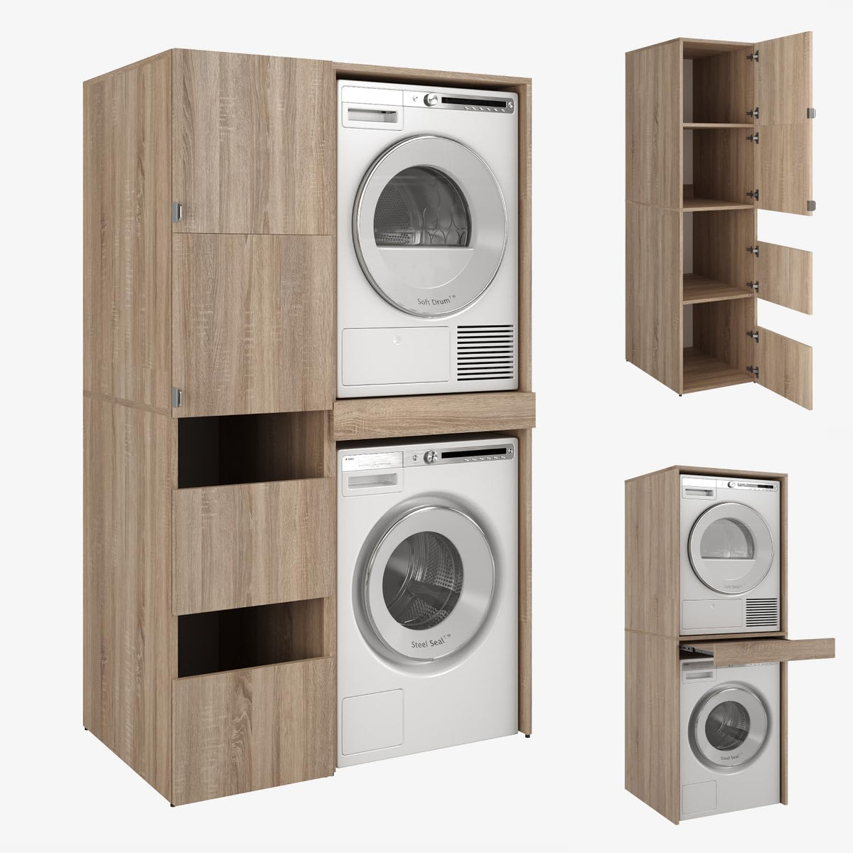 PLATAN ROOM Hochschrank Badschrank Waschmaschine Trockner Schrank Waschmaschinenschrank für Waschmaschine & Wäschetrockner Überbauschrank 187 x 65 x 66 cm Badregal (Weiß, 66 cm breit)