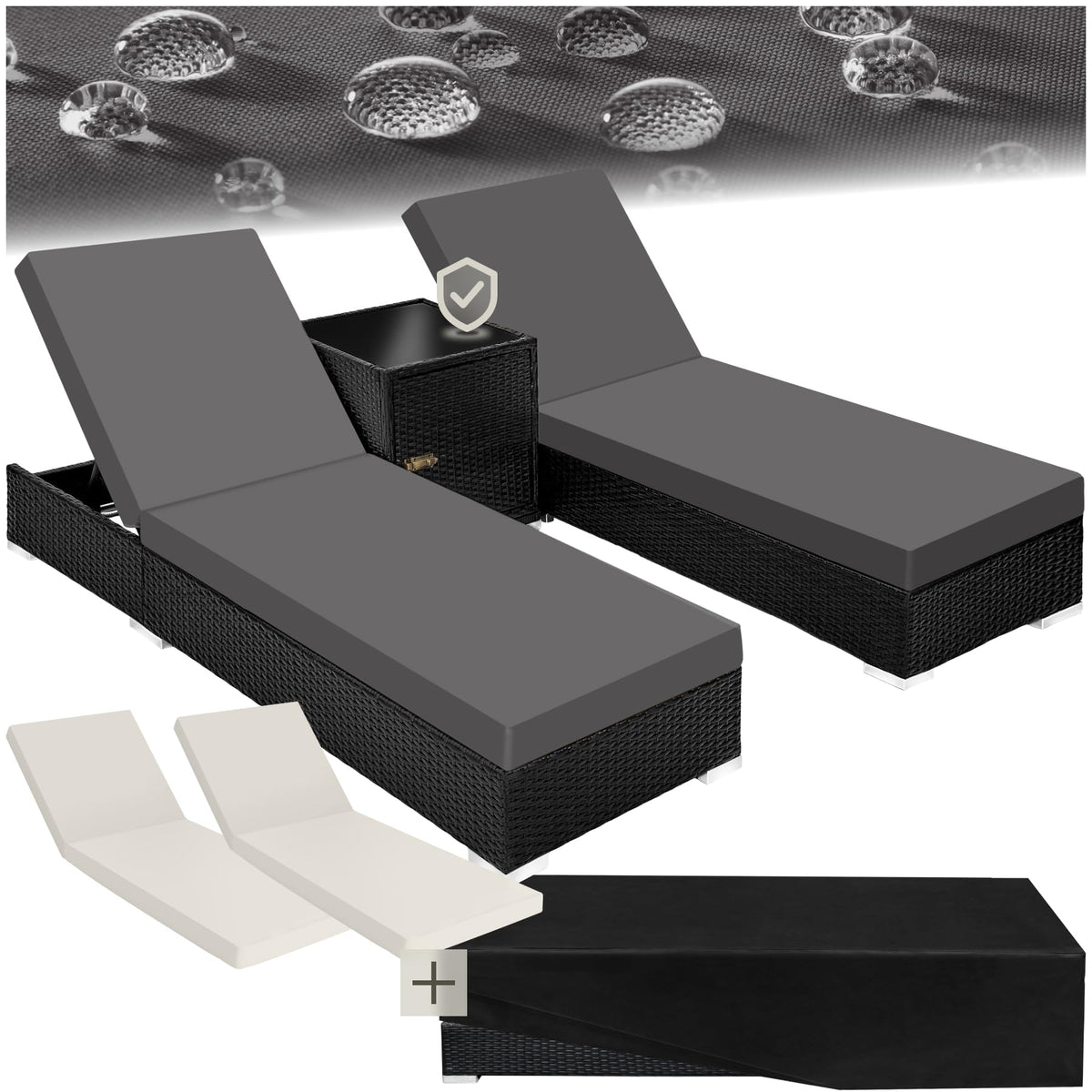 tectake® 2er Garten Lounge Sonnenliegen Set mit Tisch, Aluminium Gartenliege, Gartenlounge Outdoor, Relaxliege inkl. 2 Bezugsets und Schutzhülle, Outdoor Poly Rattan Gartenmöbel Set, 2er Set - grau