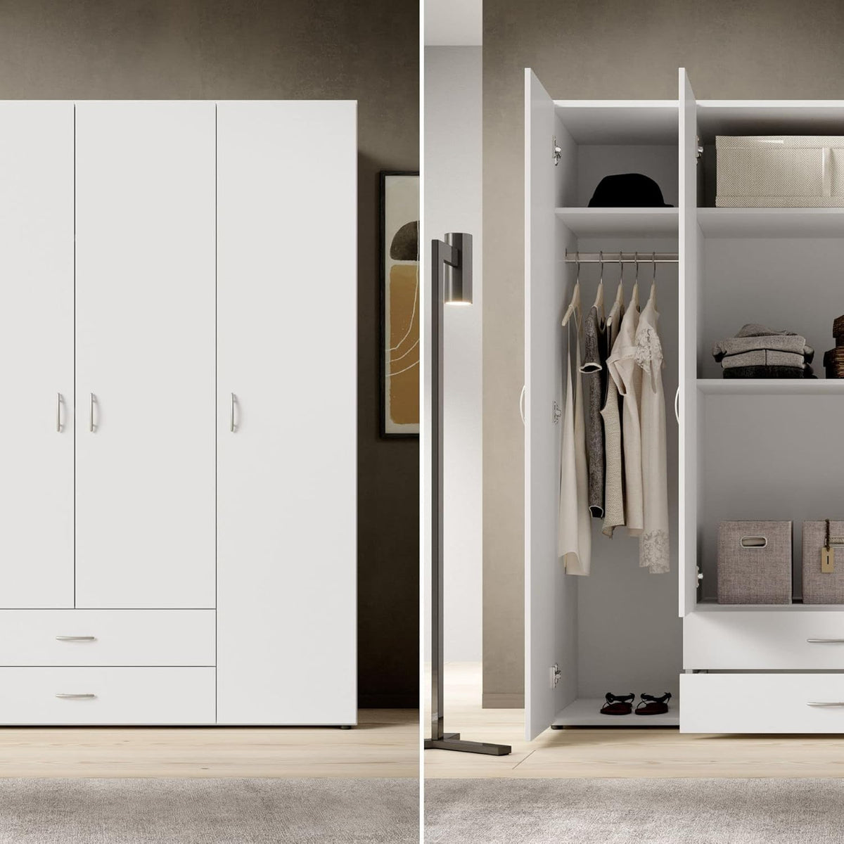 Stella Trading BASE Zeitloser Kleiderschrank in drei verschiedenen Größen - Vielseitiger Drehtürenschrank in Weiß - 160 x 177 x 52 cm (B/H/T)
