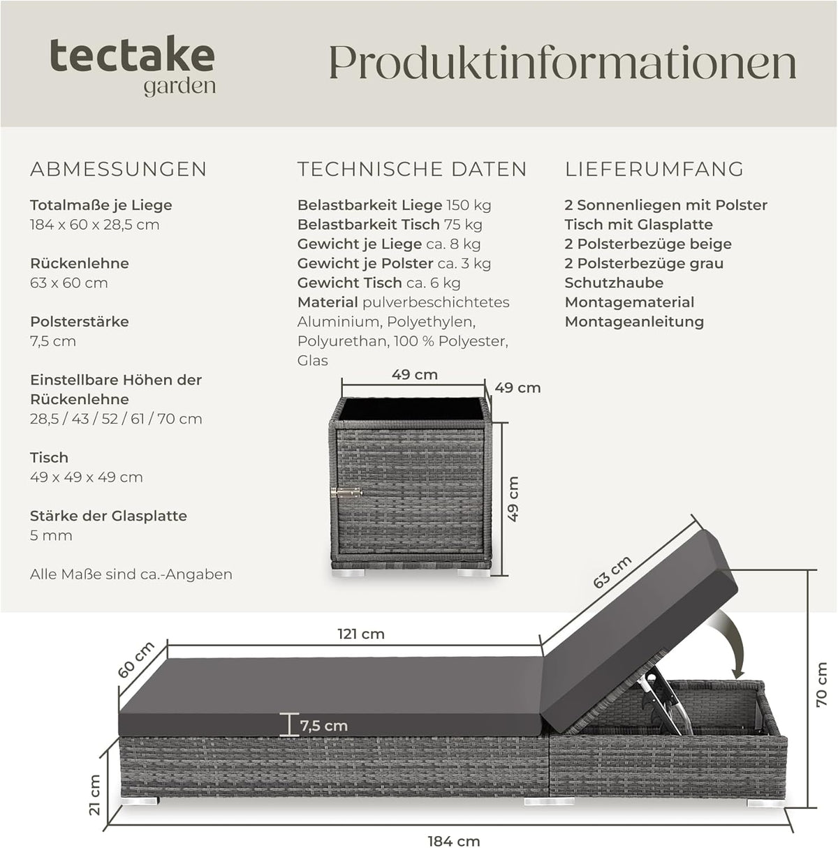 tectake® 2er Garten Lounge Sonnenliegen Set mit Tisch, Aluminium Gartenliege, Gartenlounge Outdoor, Relaxliege inkl. 2 Bezugsets und Schutzhülle, Outdoor Poly Rattan Gartenmöbel Set, 2er Set - grau