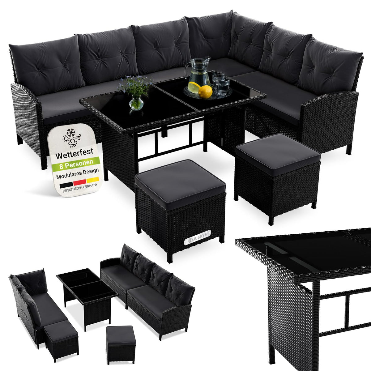 Juskys Polyrattan Lounge Manacor mit Ecksofa, Esstisch, 2 Hocker & Kissen - wetterfest bis 7 Personen - Bezüge waschbar - Rattan Garten Sitzgruppe Gartenlounge Gartenmöbel Set - Grau-meliert