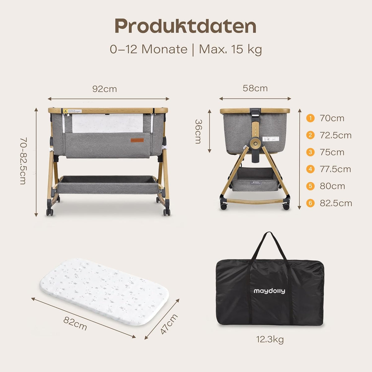 Maydolly 3-in-1 Baby Beistellbett – Vielseitiges Beistellbett, Reisebett & Stubenwagen inklusive Matratze & Moskitonetz – Höhenverstellbar mit Rollen, klappbar und mit Tragetasche – Grau