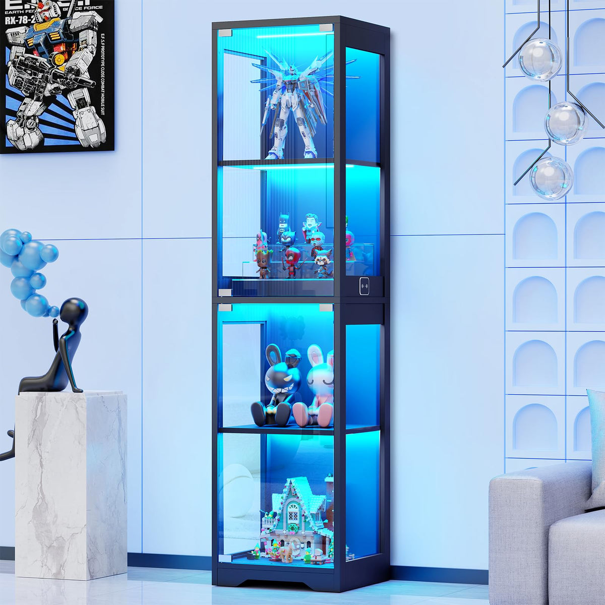 BROTTAR Beleuchtete Glasvitrine mit LED Sensor, moderner Vitrinenschrank & Standvitrine, 4 Etagen Sicherheitsglas Vitrine für Lego, Figuren und Sammlungen, Schwarz