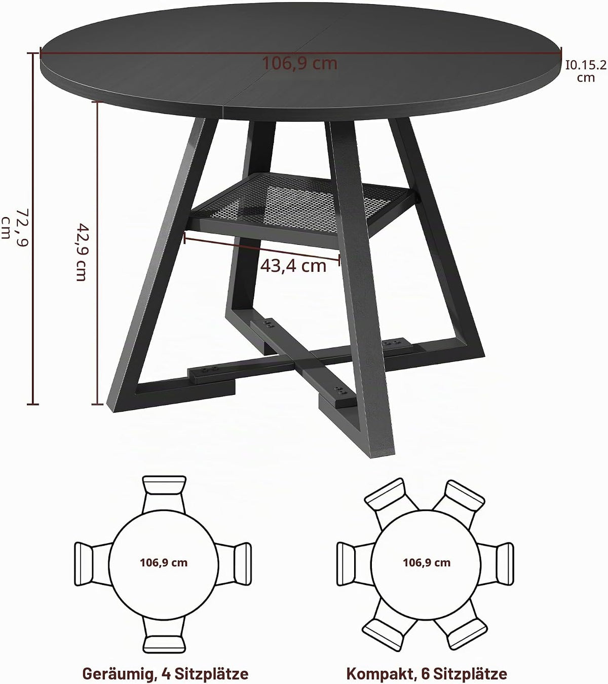 Jocoevol Esstisch Runder für 2–4 Personen, Esszimmertisch mit Ablage, platzsparender Küchentisch aus Holz im Industrial Design (Schwarz, 107x107x76cm)