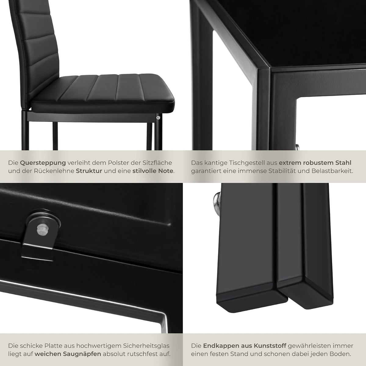 tectake Essgruppe Set Tisch und Stühle, Esstisch und 4X Stuhl, strapazierfähiges Kunstleder, Tischplatte aus Sicherheitsglas, Küchenstühle modern, Küche - schwarz