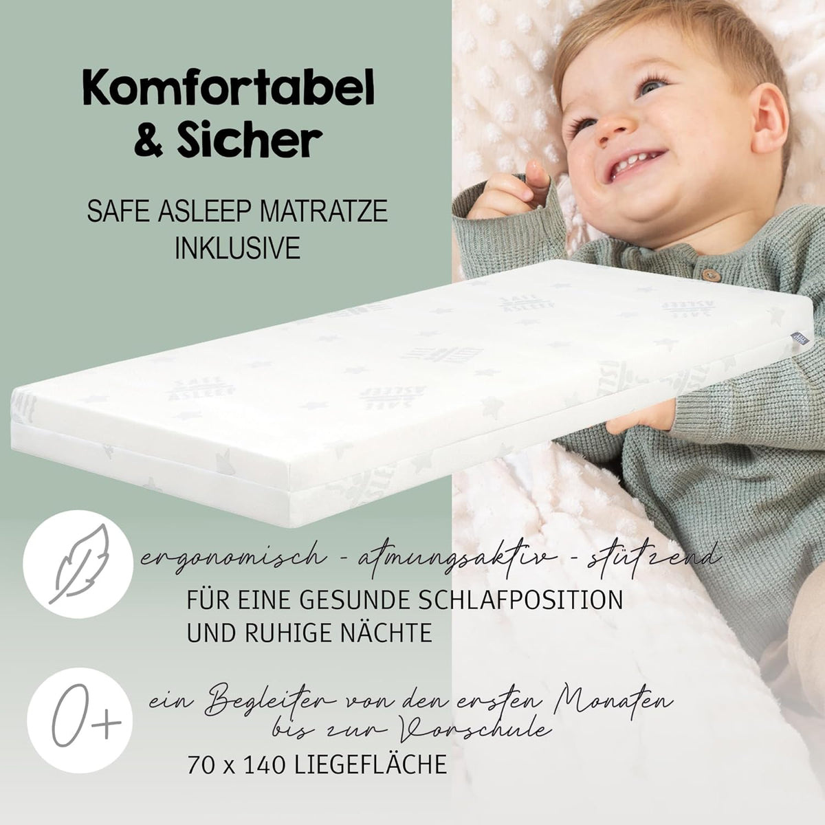 roba Babybett Set Adam & Eule - 70 x 140 cm - Mitwachsendes Kinderbett mit Bettwäsche, Himmel, Matratze - Höhenverstellbar - zu Juniorbett umbaubar - Holz weiß