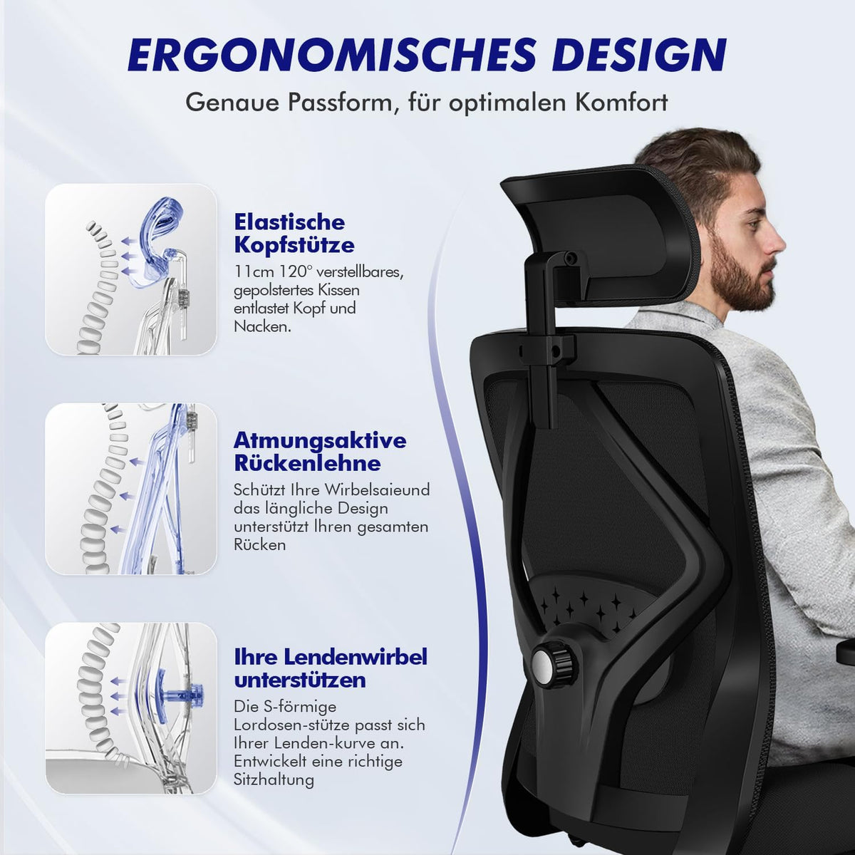 Daccormax Bürostuhl, Bürostuhl Ergonomisch Schreibtischstuhl mit Verstellbaren Armlehnen, Kopfstütze und weiche Lendenstütze aus Naturschwamm, Chefsessel Drehstuhl Wippfunktion 200kg, Schwarz