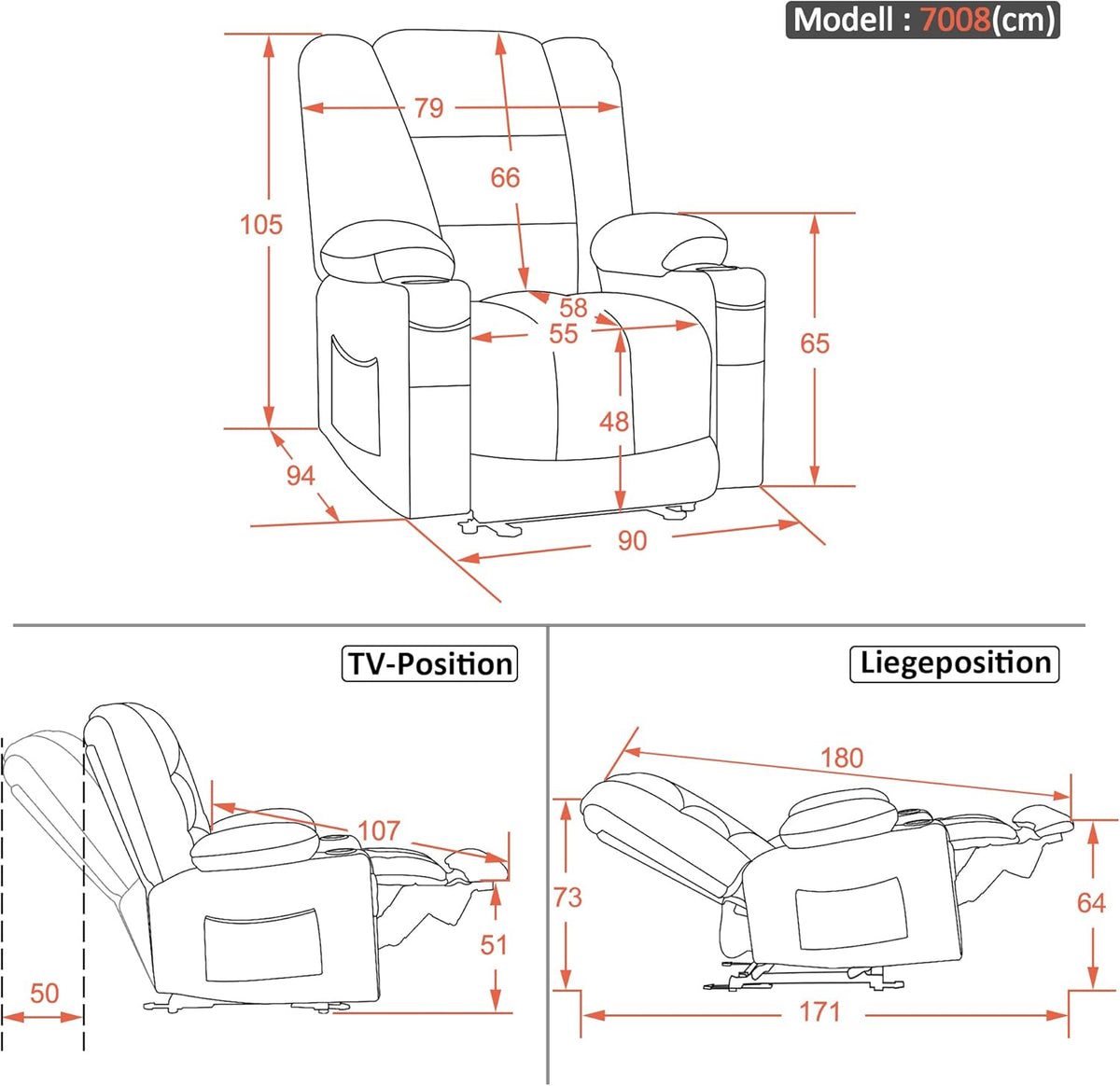 M MCombo Fernsehsessel elektrisch verstellbar 7008, Relaxsessel mit Liegefunktion, TV Sessel mit Massage & Wärmefunktion, USB & Getränkehalter, Wohnzimmer (Stoff, Grau)