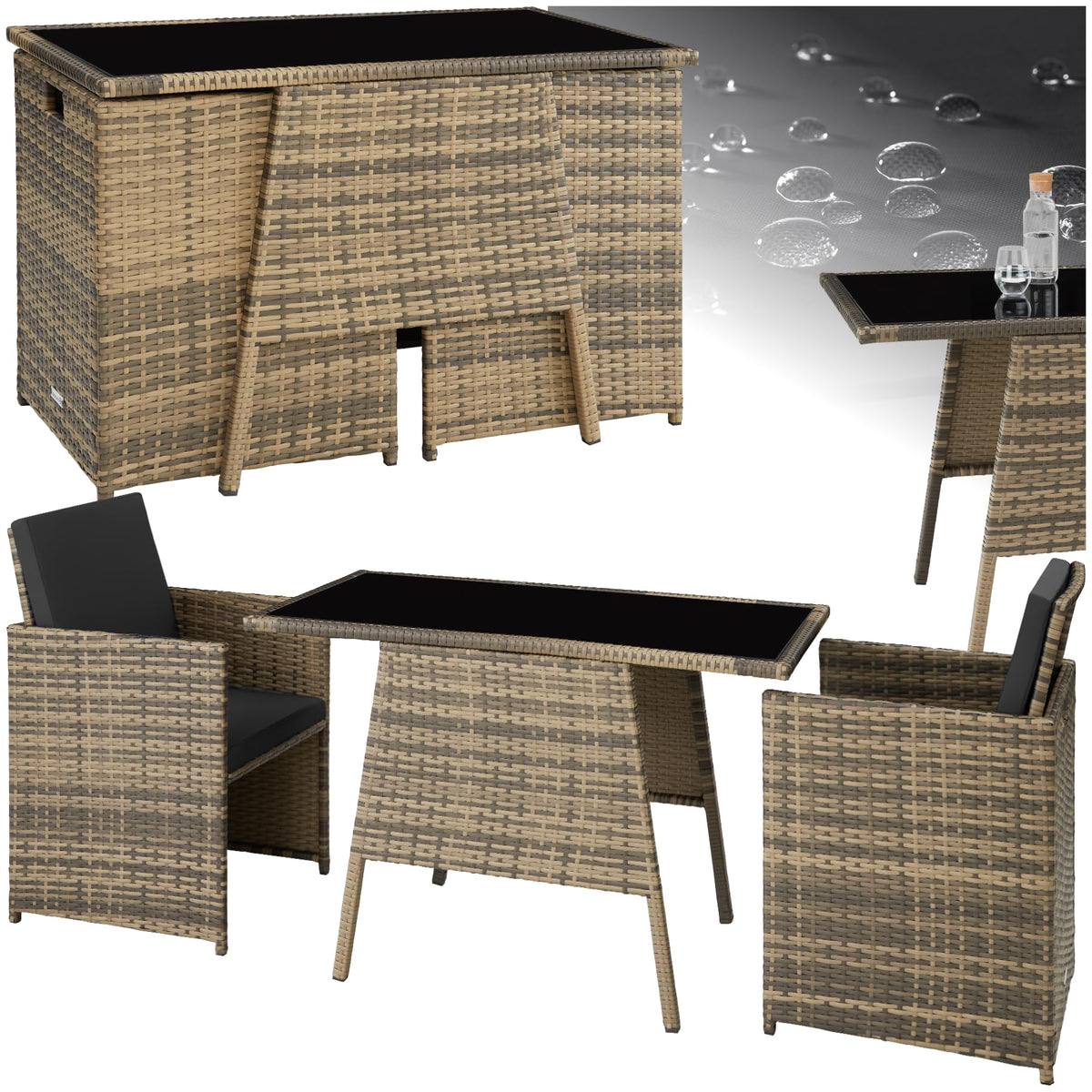 tectake® Poly Rattan Sitzgruppe für 2 Personen, Outdoor Möbel platzsparend zusammenschiebbar, 2 Sessel & 1 Tisch, ideales Balkon Lounge Set, Gartenmöbel, Terrassenmöbel wetterfest - hellgrau
