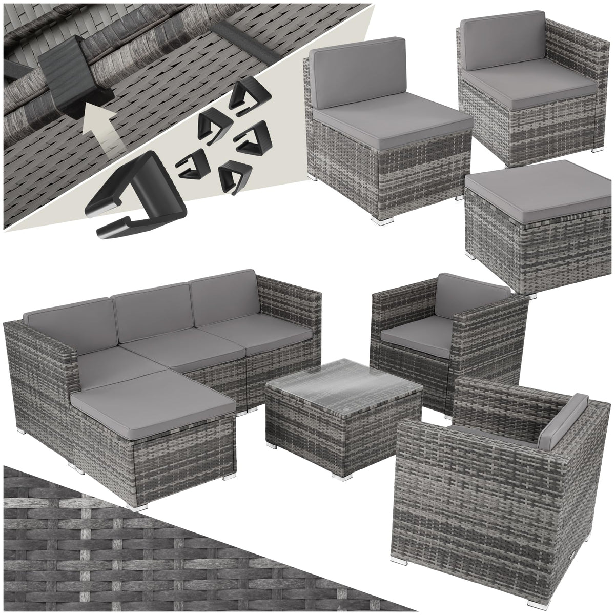 tectake® Poly Rattan Lounge, Outdoor Sitzgruppe, Set mit Sofa, 2 Sesseln, Hocker, Tisch, frei kombinierbar, Gartenmöbel für 5-6 Personen, für Garten Terrasse Balkon, inkl. Polster - schwarz