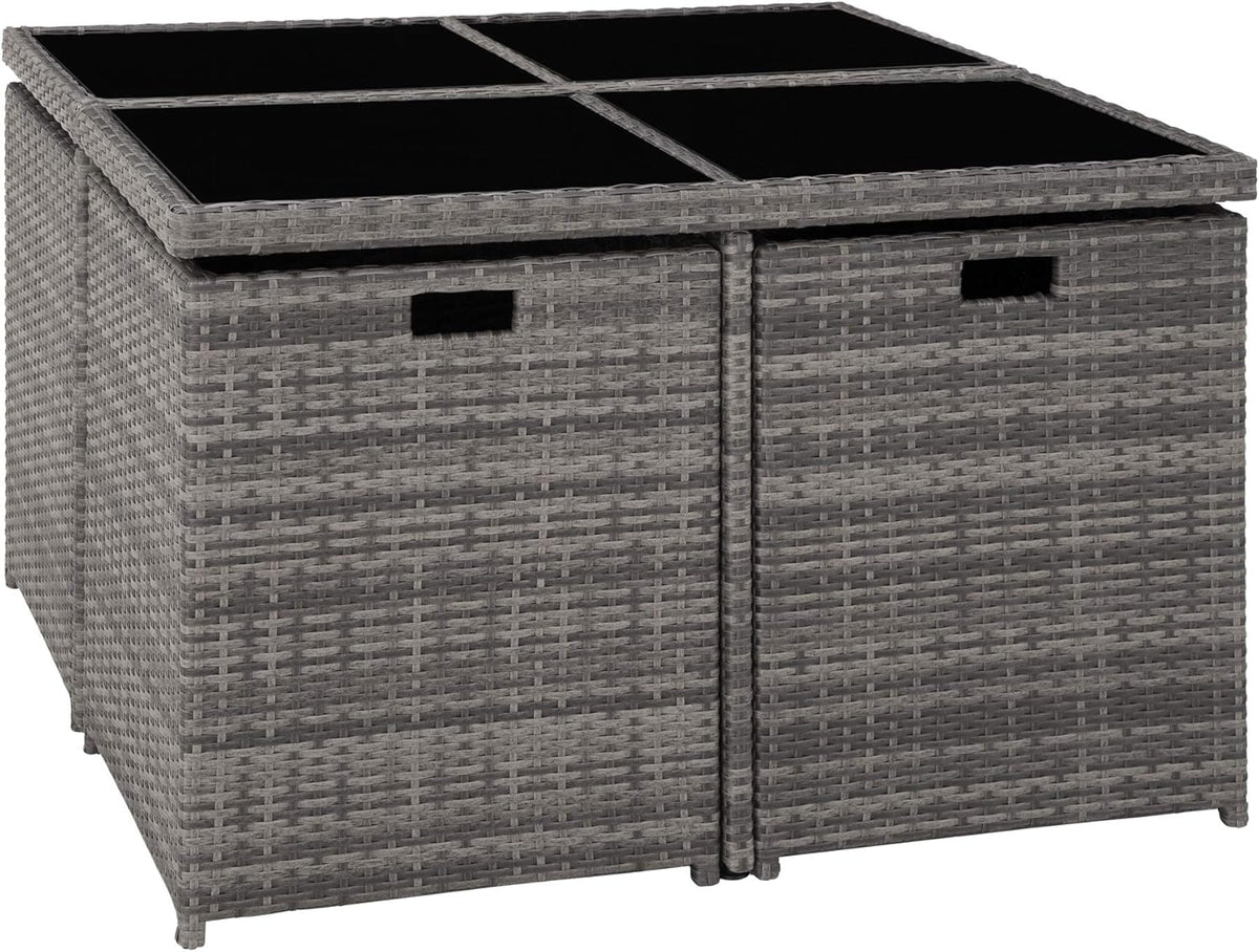 tectake® Rattan Lounge Möbel Set mit Aluminium Gestell, 4 Stühle, 4 Hocker, Tisch, platzsparende Aufbewahrung, Outdoor Rattan Gartenmöbel für Garten Terrasse, mit Abdeckung und 2 Bezugssets - grau