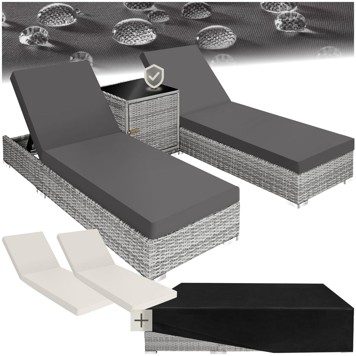 tectake® 2er Garten Lounge Sonnenliegen Set mit Tisch, Aluminium Gartenliege, Gartenlounge Outdoor, Relaxliege inkl. 2 Bezugsets und Schutzhülle, Outdoor Poly Rattan Gartenmöbel Set, 2er Set - grau
