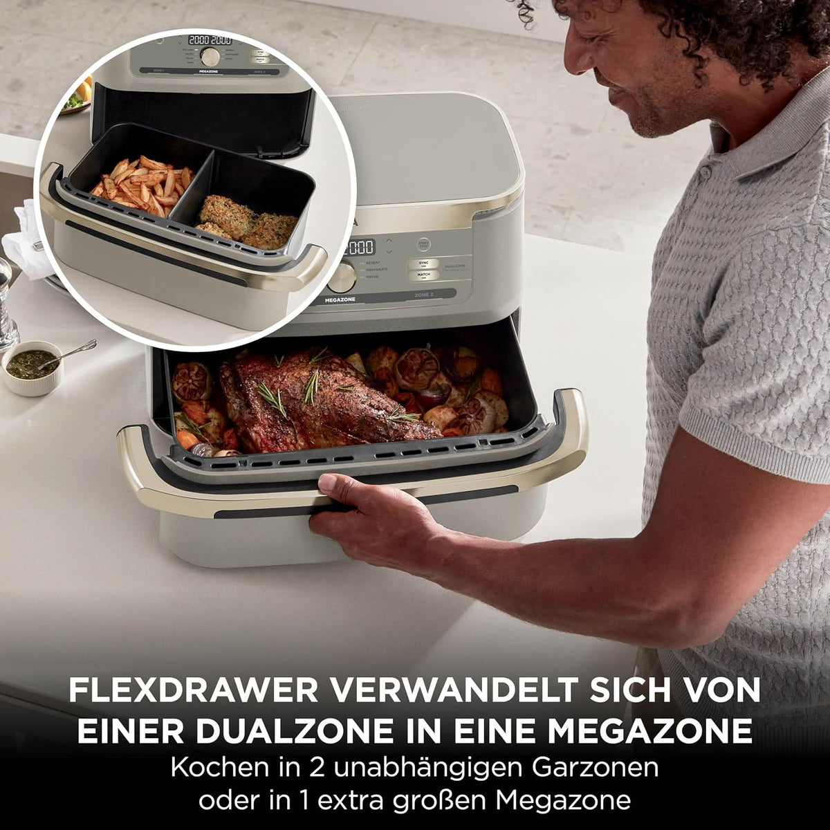 Ninja Foodi FlexDrawer Heißluftfritteuse, Dual Zone, Stone Gold AF500EUSD