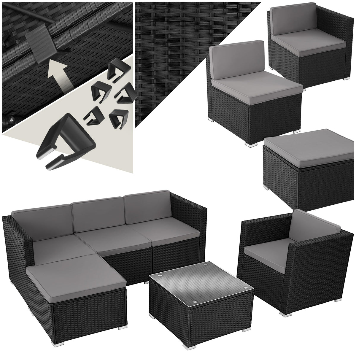tectake® Poly Rattan Lounge, Outdoor Sitzgruppe, Set mit Sofa, 2 Sesseln, Hocker, Tisch, frei kombinierbar, Gartenmöbel für 5-6 Personen, für Garten Terrasse Balkon, inkl. Polster - schwarz