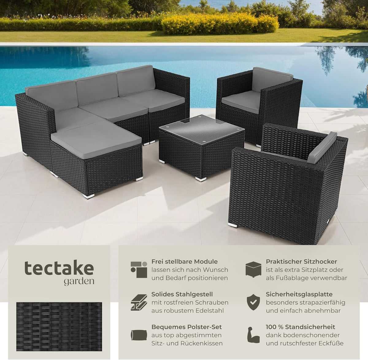 tectake® Poly Rattan Lounge, Outdoor Sitzgruppe, Set mit Sofa, 2 Sesseln, Hocker, Tisch, frei kombinierbar, Gartenmöbel für 5-6 Personen, für Garten Terrasse Balkon, inkl. Polster - schwarz