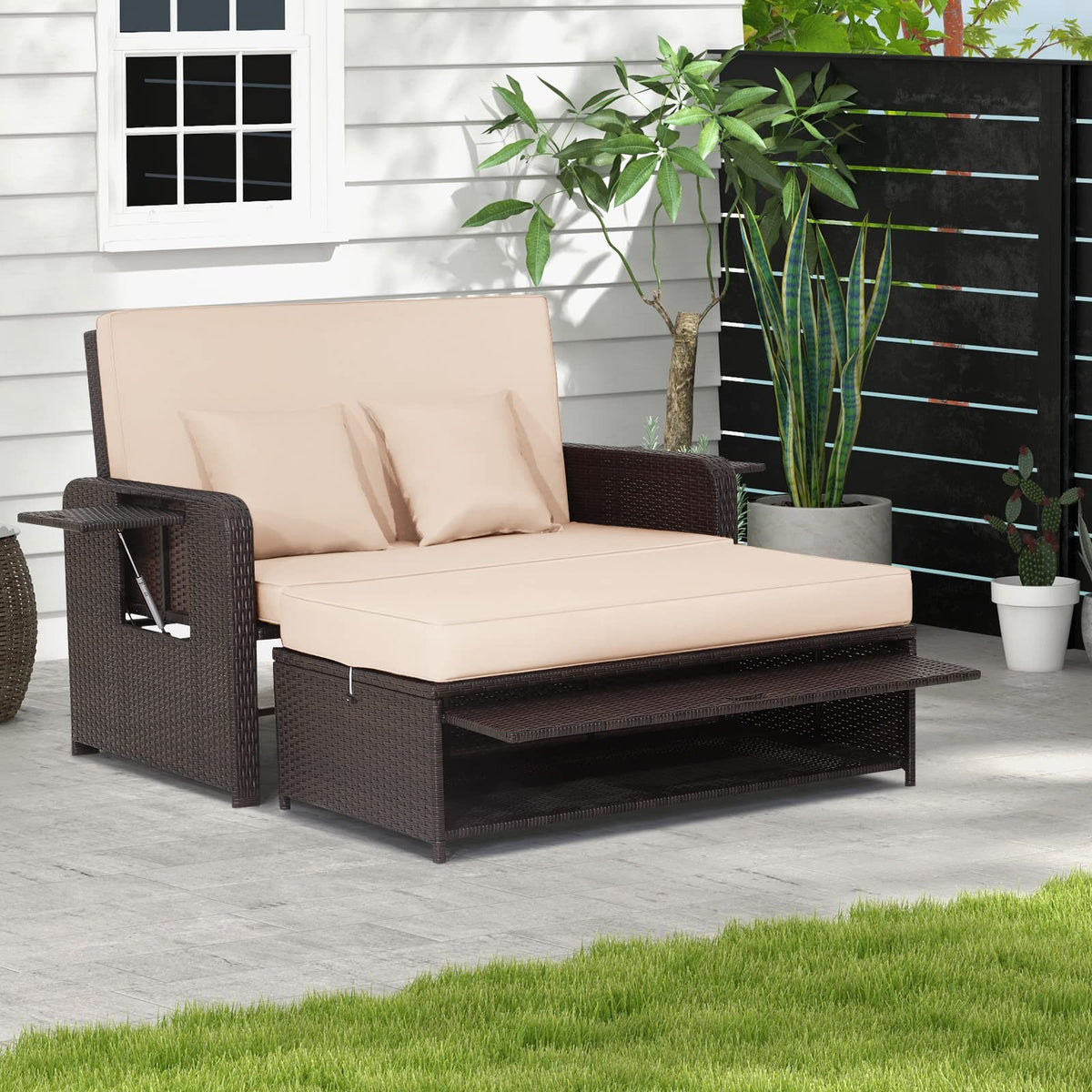 GIANTEX Lounge Möbel Outdoor, Rattan Gartenlounge Set mit Hocker, Gartensofa mit Liegefunktion, Balkon Lounge Set, Doppelliege Outdoor Sofa, Balkonmöbel Sonneninsel Loungebett mit stauraum | Drei in einem Design