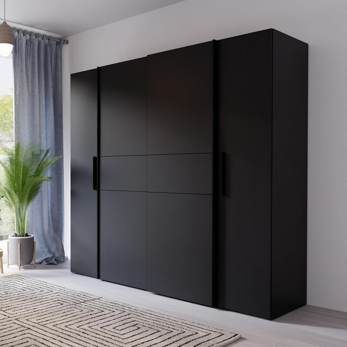 Forte KALIXTUS schwarzer Kleiderschrank 200, moderner Schwebetürenschrank, 4-türig, Holzwerkstoff, Schwarz Matt, 200,1 cm breit x 190,5 cm hoch, 61,2 cm tief