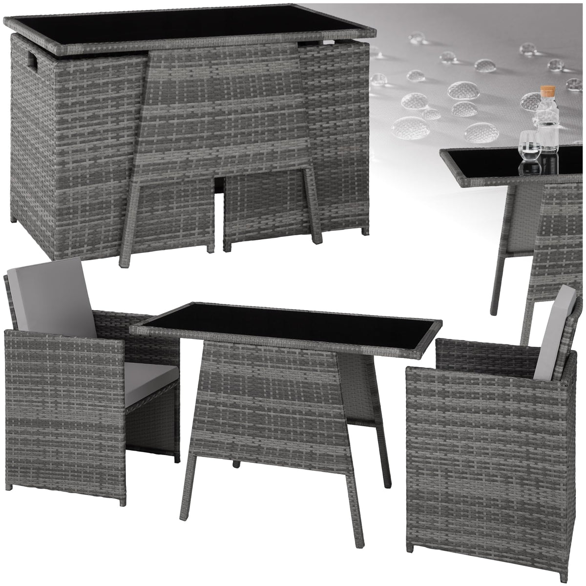 tectake® Poly Rattan Sitzgruppe für 2 Personen, Outdoor Möbel platzsparend zusammenschiebbar, 2 Sessel & 1 Tisch, ideales Balkon Lounge Set, Gartenmöbel, Terrassenmöbel wetterfest - hellgrau