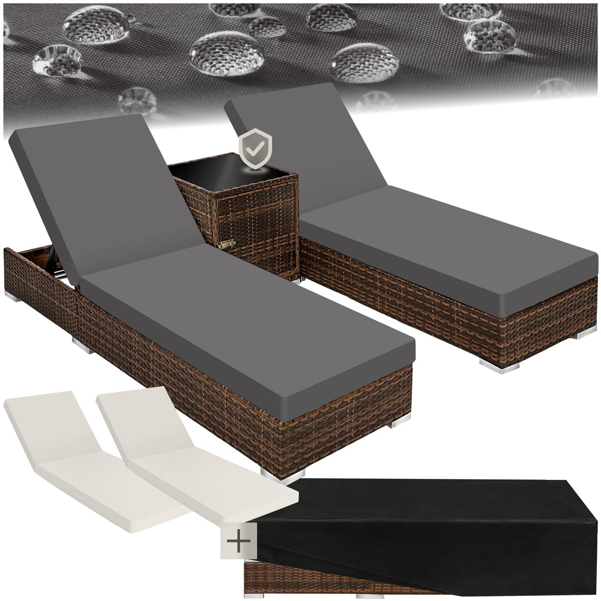 tectake® 2er Garten Lounge Sonnenliegen Set mit Tisch, Aluminium Gartenliege, Gartenlounge Outdoor, Relaxliege inkl. 2 Bezugsets und Schutzhülle, Outdoor Poly Rattan Gartenmöbel Set, 2er Set - grau