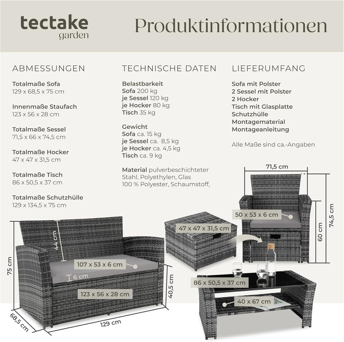 tectake Polyrattan Garten Sitzgruppe für 4 Personen mit Hocker, Rattan Gartenmöbel Set mit eingebauter Auflagenbox in der Sitzbank, Garten und Balkon Möbel - grau