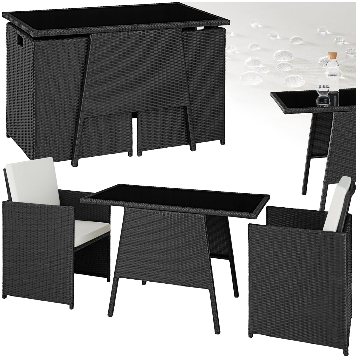 tectake® Poly Rattan Sitzgruppe für 2 Personen, Outdoor Möbel platzsparend zusammenschiebbar, 2 Sessel & 1 Tisch, ideales Balkon Lounge Set, Gartenmöbel, Terrassenmöbel wetterfest - hellgrau