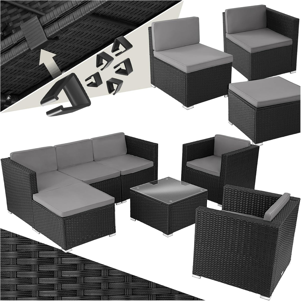 tectake® Poly Rattan Lounge, Outdoor Sitzgruppe, Set mit Sofa, 2 Sesseln, Hocker, Tisch, frei kombinierbar, Gartenmöbel für 5-6 Personen, für Garten Terrasse Balkon, inkl. Polster - schwarz