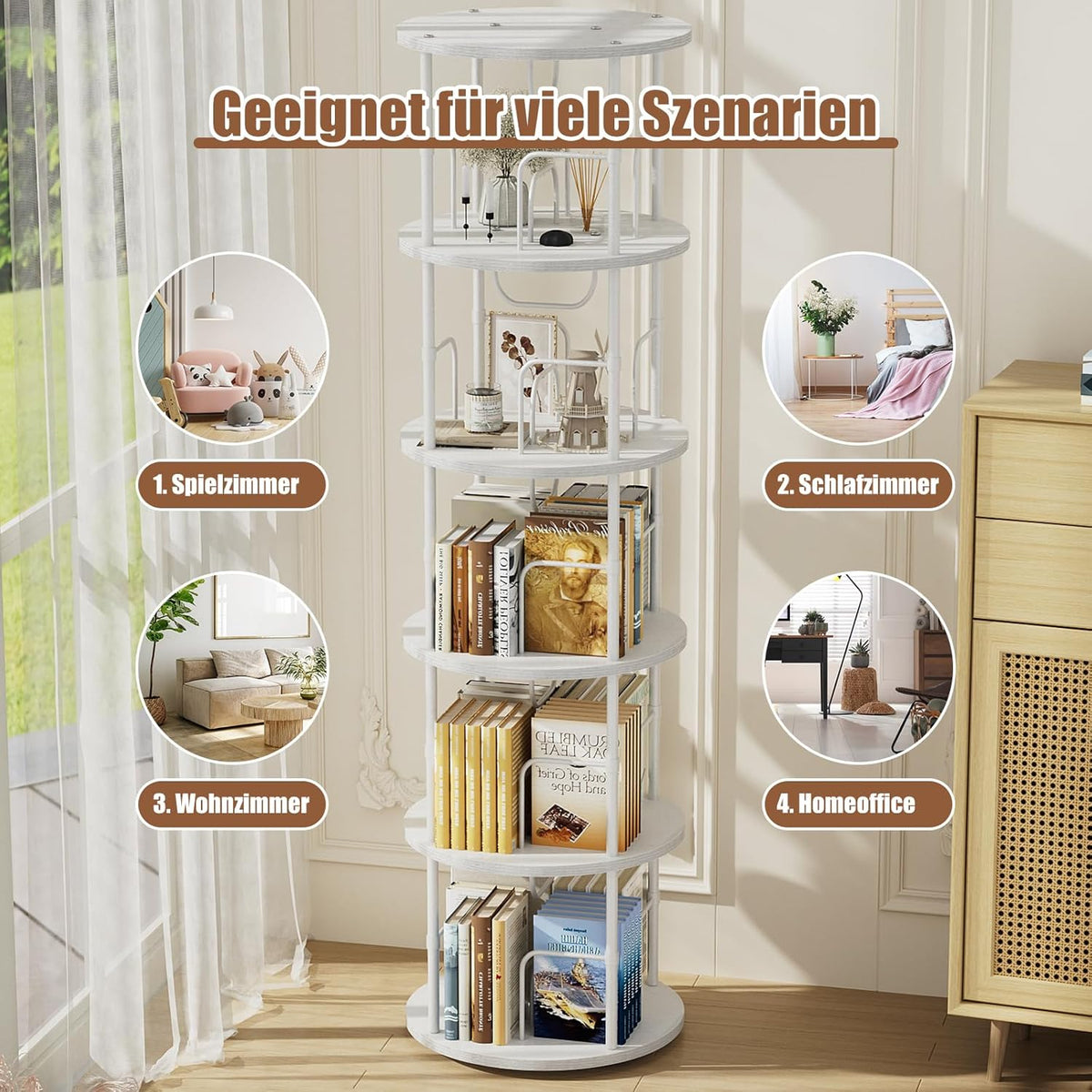 Generisch 360° Drehbares Bücherregal, Bodenstehendes Bücherschrank Aus Holz, Bookshelf Mit 5 Ebenen, Verstellbare Ebenen, Standregal, 45×45×160cm, Weiß