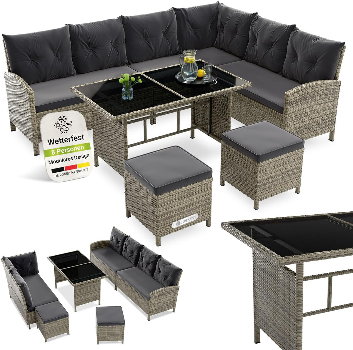 Juskys Polyrattan Lounge Manacor mit Ecksofa, Esstisch, 2 Hocker & Kissen - wetterfest bis 7 Personen - Bezüge waschbar - Rattan Garten Sitzgruppe Gartenlounge Gartenmöbel Set - Grau-meliert