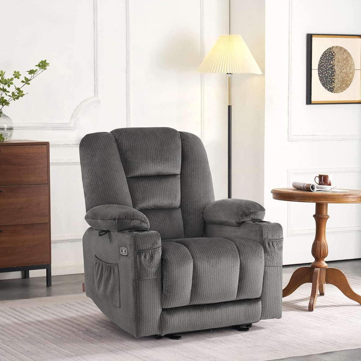 M MCombo Fernsehsessel elektrisch verstellbar 7008, Relaxsessel mit Liegefunktion, TV Sessel mit Massage & Wärmefunktion, USB & Getränkehalter, Wohnzimmer (Stoff, Grau)