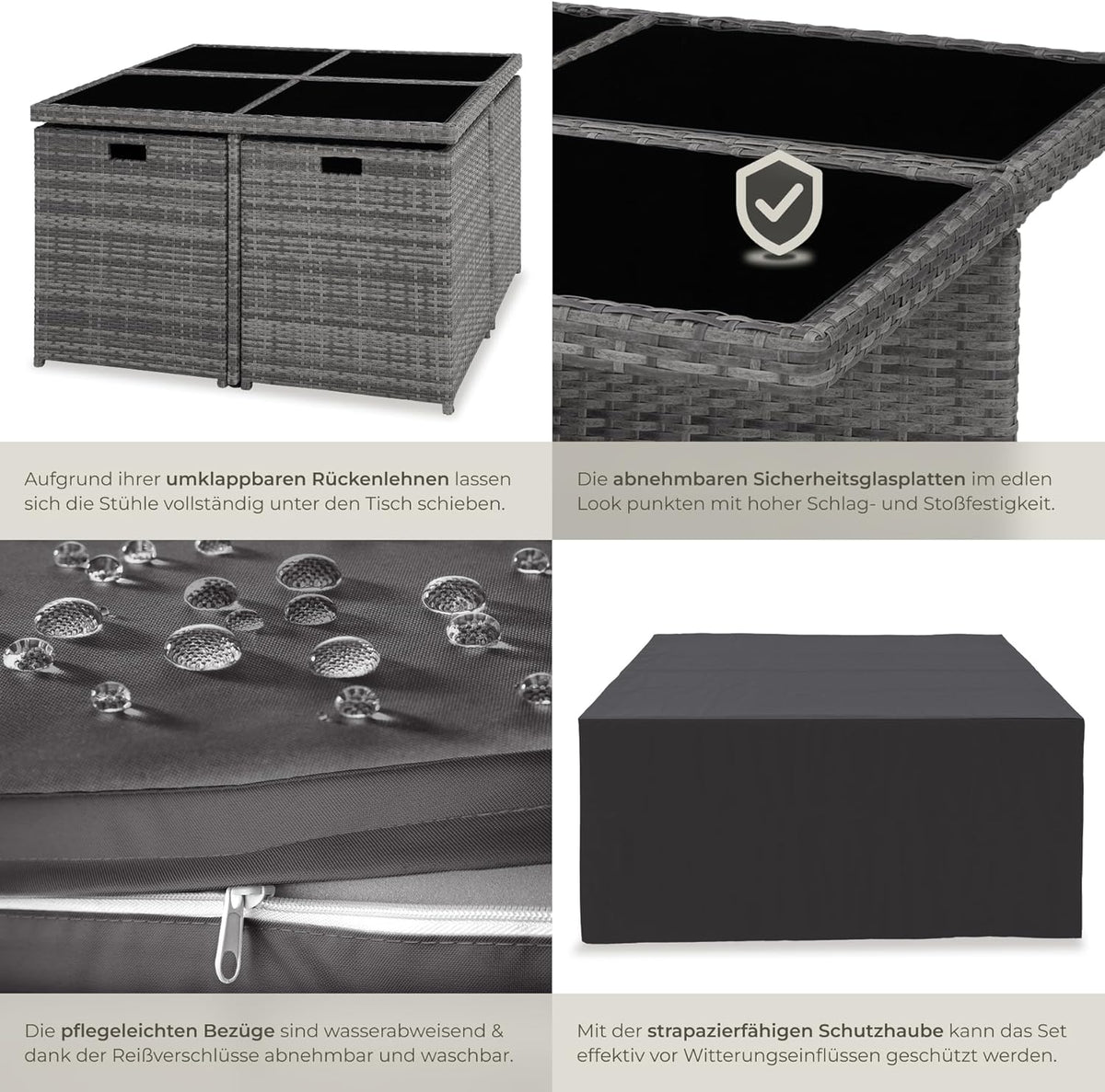 tectake® Rattan Lounge Möbel Set mit Aluminium Gestell, 4 Stühle, 4 Hocker, Tisch, platzsparende Aufbewahrung, Outdoor Rattan Gartenmöbel für Garten Terrasse, mit Abdeckung und 2 Bezugssets - grau