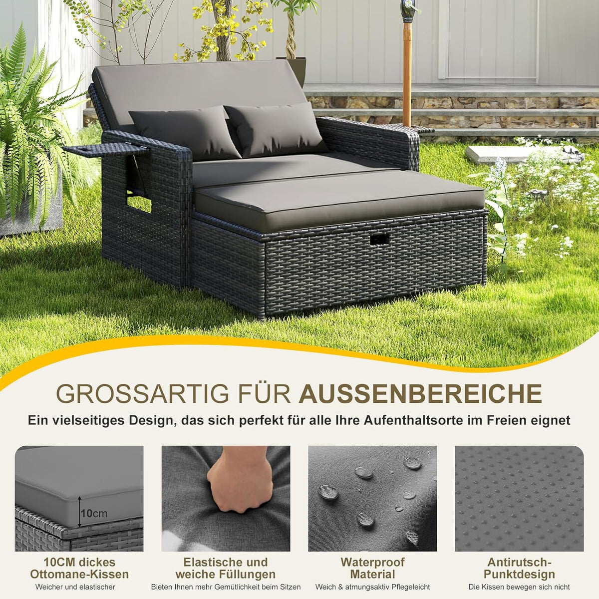 UDPATIO Rattan Lounge Möbel Outdoor, Lounge Balkonmöbel Gartensofa mit Hocker,Rattan Sofa mit Stauraum, Verstellbares 2 Sitzer Garten-Bett für Terrasse,Balkon,Garten,Grau-meliert & Dunkelgraue Bezüge