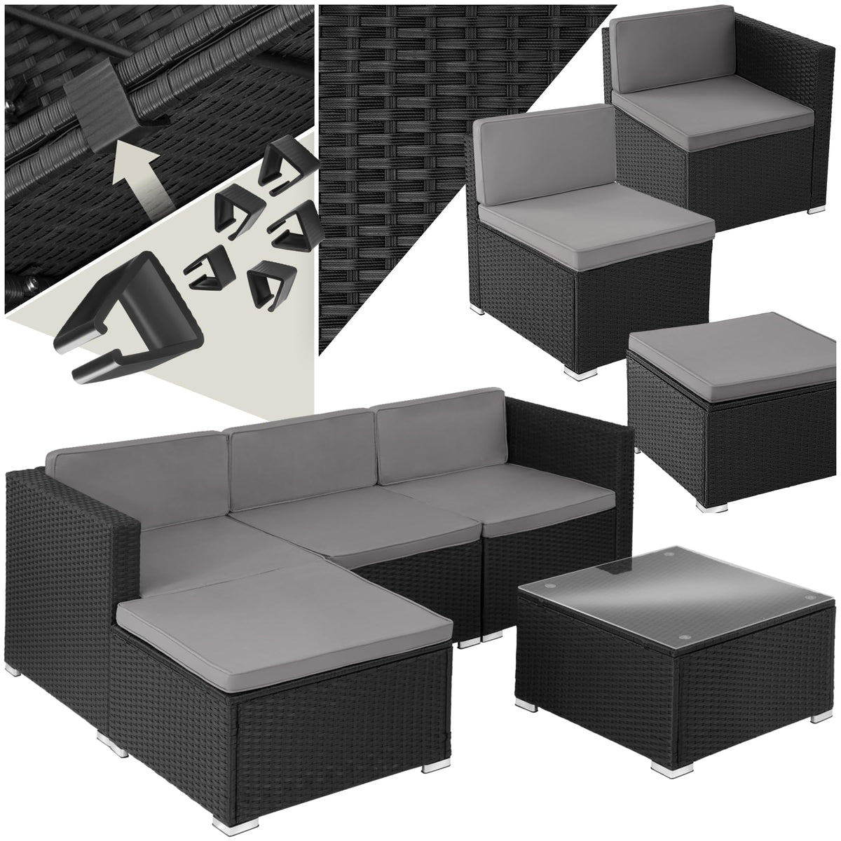 tectake® Poly Rattan Lounge, Outdoor Sitzgruppe, Set mit Sofa, 2 Sesseln, Hocker, Tisch, frei kombinierbar, Gartenmöbel für 5-6 Personen, für Garten Terrasse Balkon, inkl. Polster - schwarz