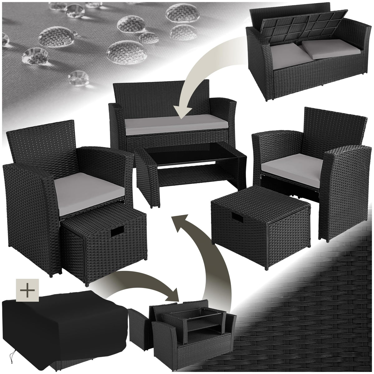 tectake Polyrattan Garten Sitzgruppe für 4 Personen mit Hocker, Rattan Gartenmöbel Set mit eingebauter Auflagenbox in der Sitzbank, Garten und Balkon Möbel - grau