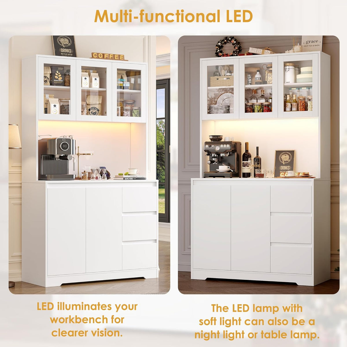 FirFurd Küchenschrank mit LED und Steckdosenleiste Buffetschrank Küchenschrank mit Arbeitsplatte und 3 Schubladen Küchenbuffet mit Verstellbares Regal Sideboard für Küche 180x100x38.5 cm weiß