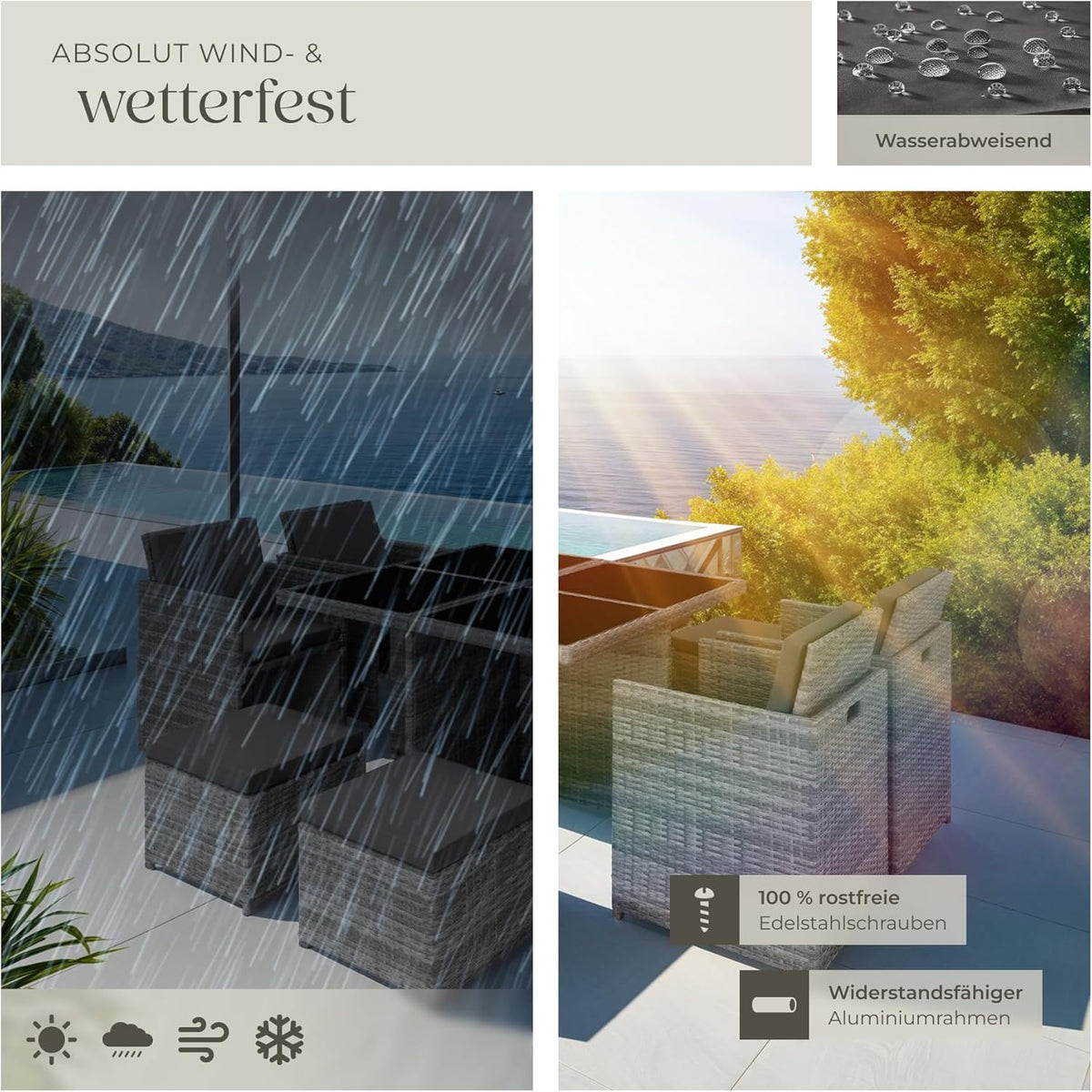 tectake® Rattan Lounge Möbel Set mit Aluminium Gestell, 4 Stühle, 4 Hocker, Tisch, platzsparende Aufbewahrung, Outdoor Rattan Gartenmöbel für Garten Terrasse, mit Abdeckung und 2 Bezugssets - grau