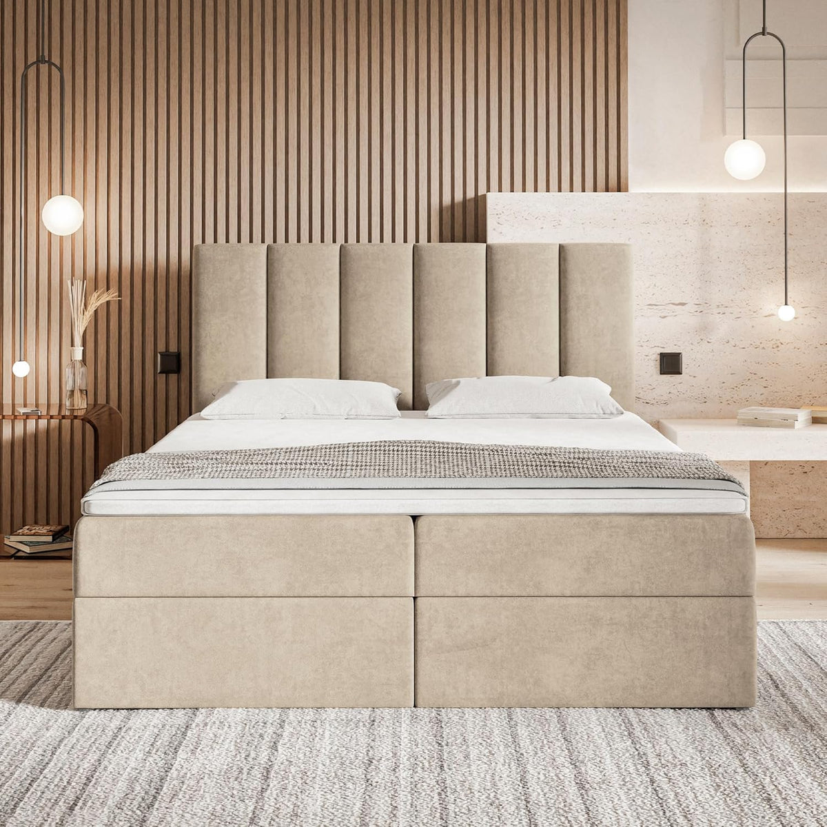 Santiago Boxspringbett 160x200 mit Bettkasten und Topper, Polsterbett 160x200 mit Bettkasten, Bonellfederkern-Matratze (H4), T28 Komfortschaumstoff Topper (H3), Samt, Beige