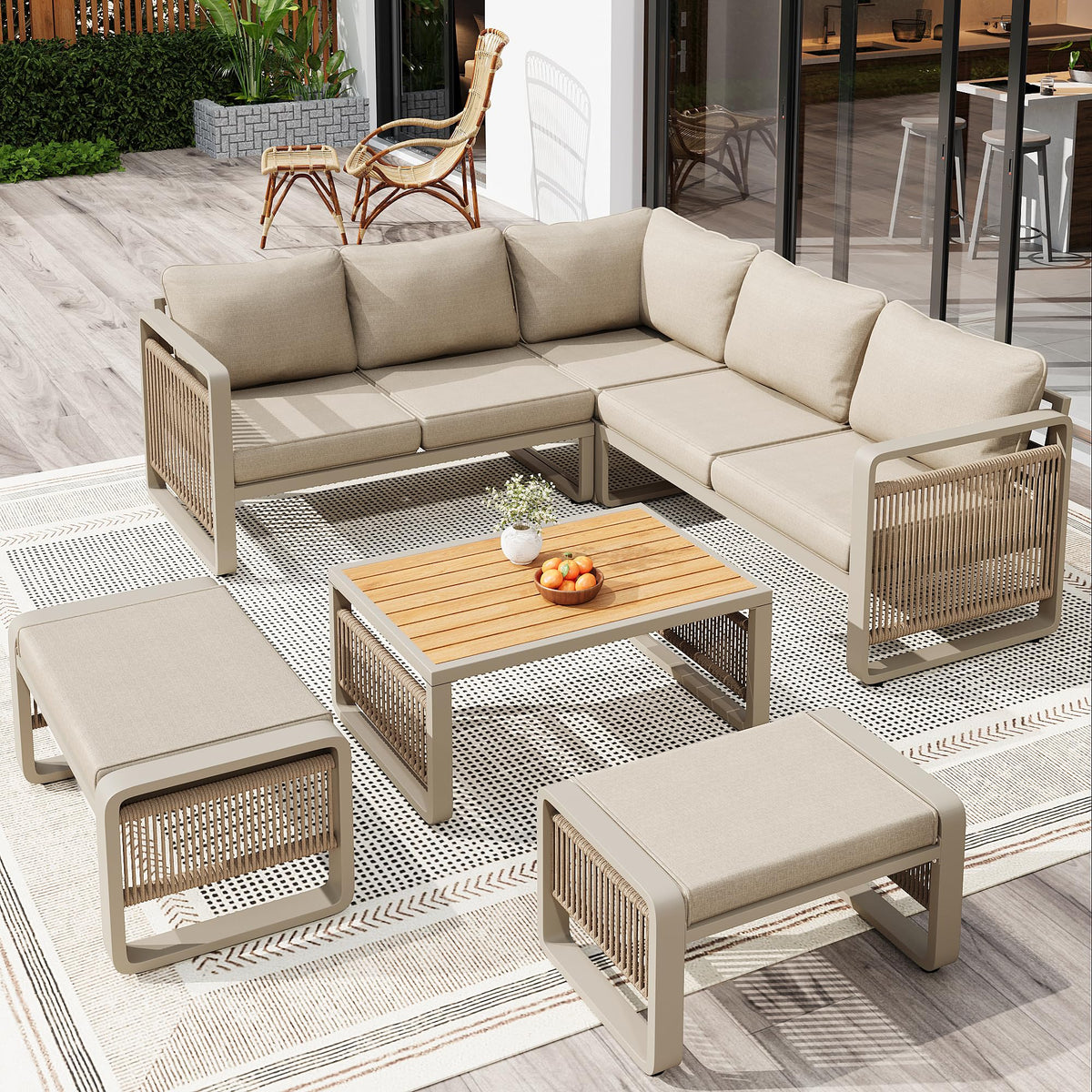 Merax Gartenmöbel Lounge Set 6-7 Personen, Gartensofa Eckgarnitur mit Liege, Handgewebtes Seil Outdoor Sofa, Wetterfestes Gartenmöbel Set für Terrasse, Balkon, Garten, Grau