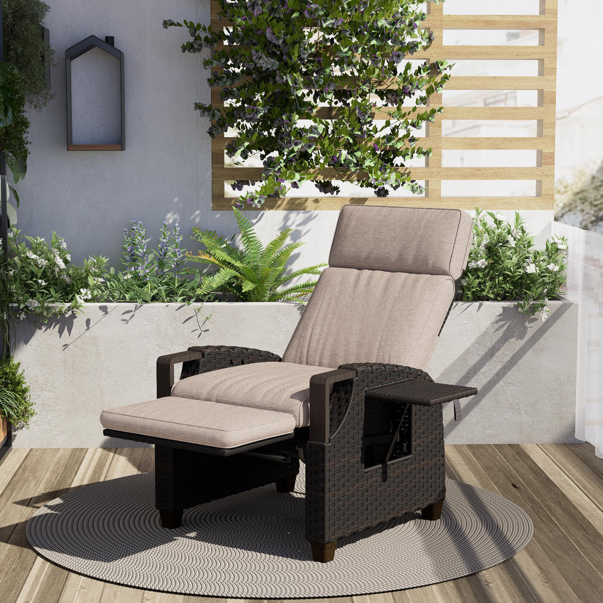 Grand patio Relaxliege Liegesessel mit Sitzkissen Armlehnensessel Verstellbare Rückenlehne Rattan Sonnenliege für Innen, Außeneinsatz, Dunkelgrau -Dunkel Grau Sitzkissen & Braun Rattan